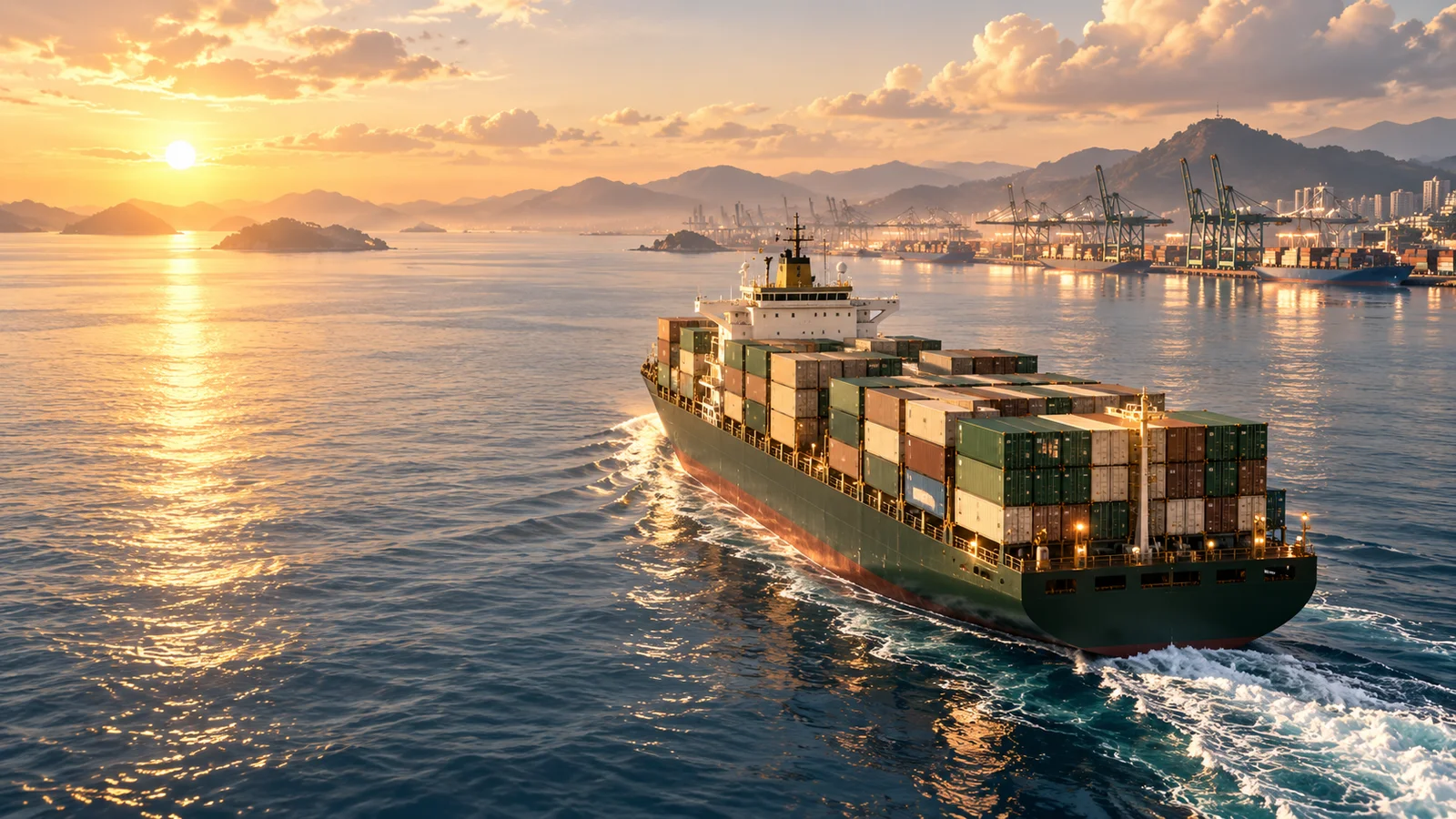 A cargo ship crossing a calm ocean towards a distant coastal port