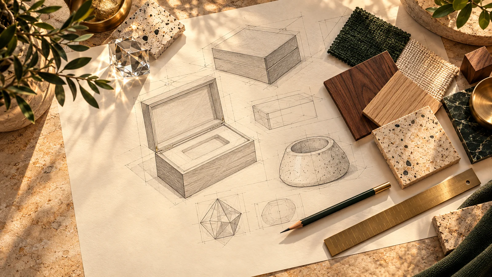 Product sketches with wood, fabric, stone and crystal material samples